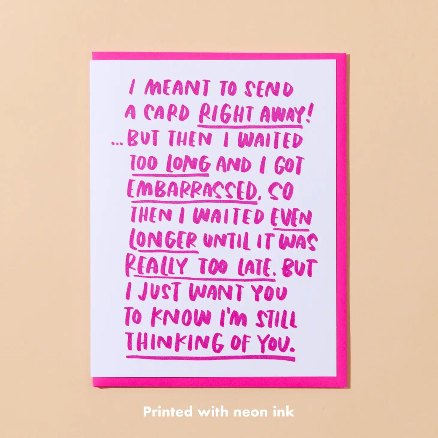 White card with hot pink text. 