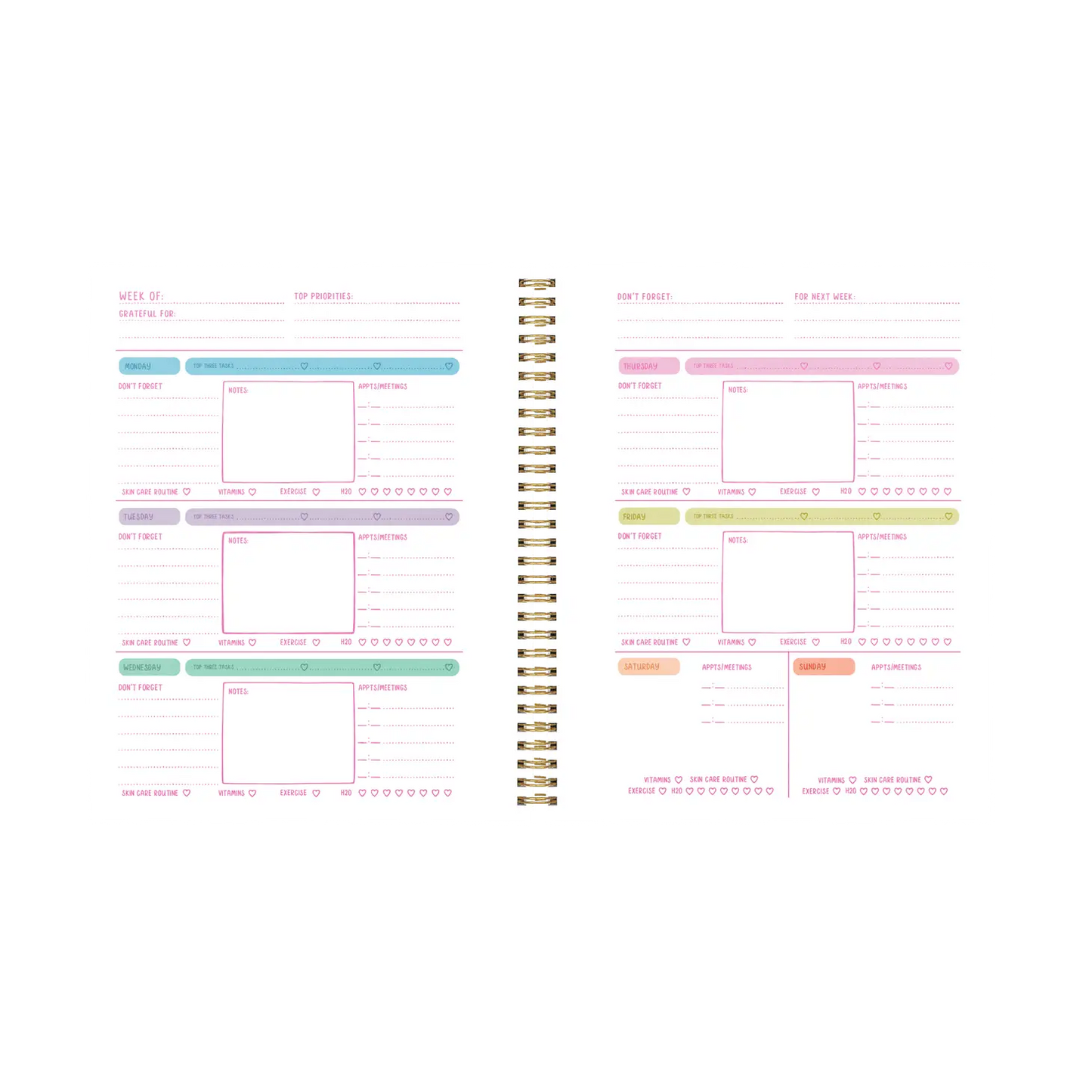 Inside weekly view of planner showing space for each day of the week.