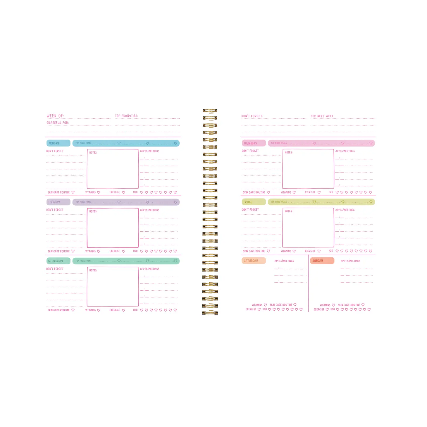 Inside weekly view of planner showing space for each day of the week.