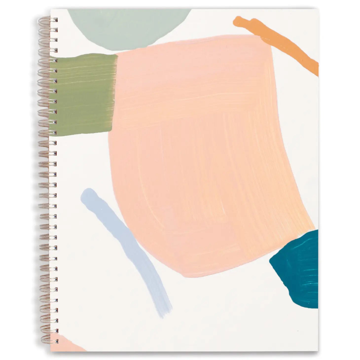 Spiral-bound white sketchbook with olive green, light pink, and blue smear paint pattern