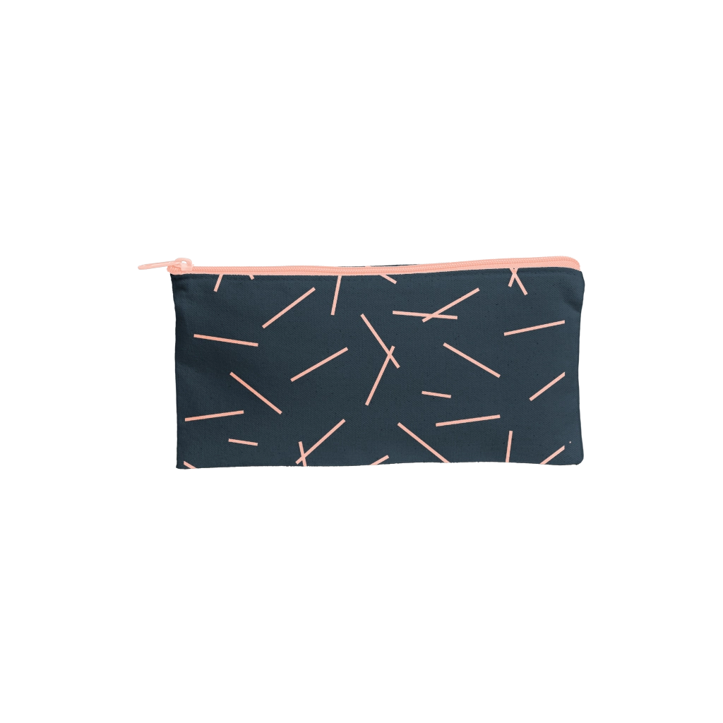 View of navy pencil bag with light pink line design