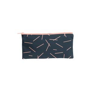 View of navy pencil bag with light pink line design