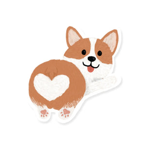 Corgi dog shaped sticker with white heart patch on its bottom 