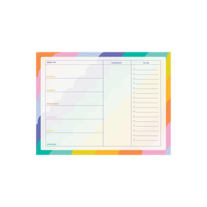 Note pad featuring days of the week, to-do lines, and priorities. Border is rainbow pattern
