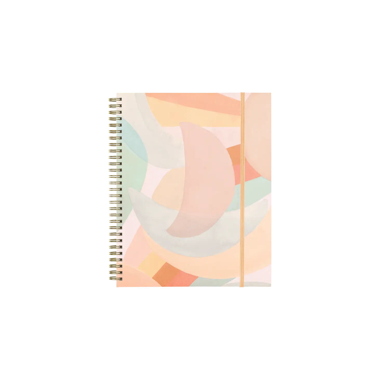 Spiral-bound planner cover featuring pastel green, pink, and yellow crescent moon shapes