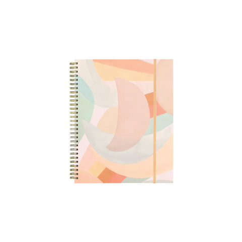 Spiral-bound planner cover featuring pastel green, pink, and yellow crescent moon shapes