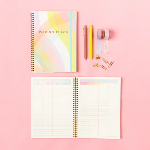 Flat lay showing outside and inside view of planner