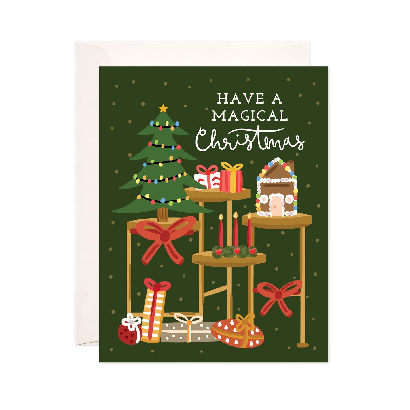 White card with full color dark green background. Illustrations of a tree, presents, gingerbread house, and candles. White text reads "have a magical Christmas" 