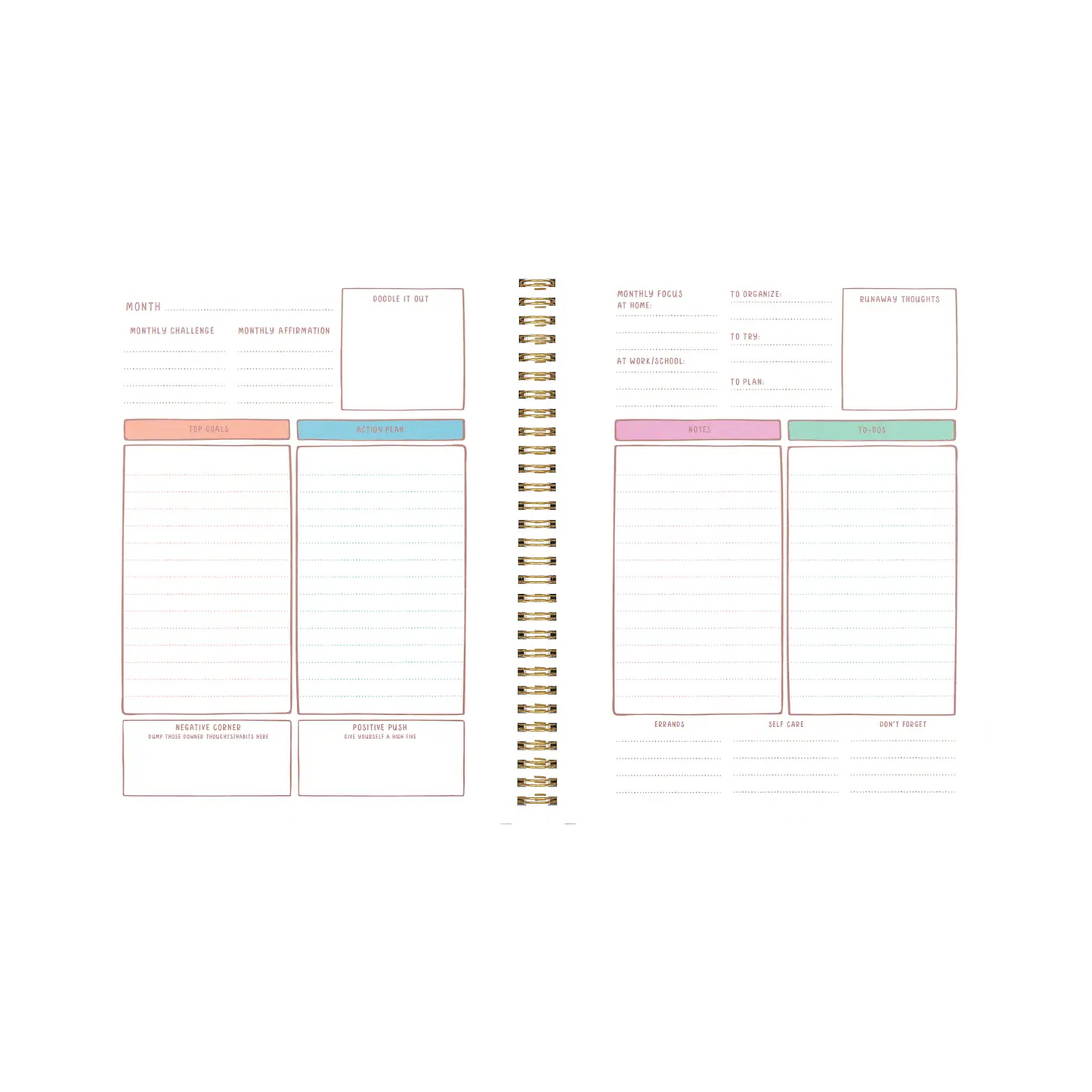 Monthly view of planner. Left side has space for goals. Right side has space for notes and to-do lists