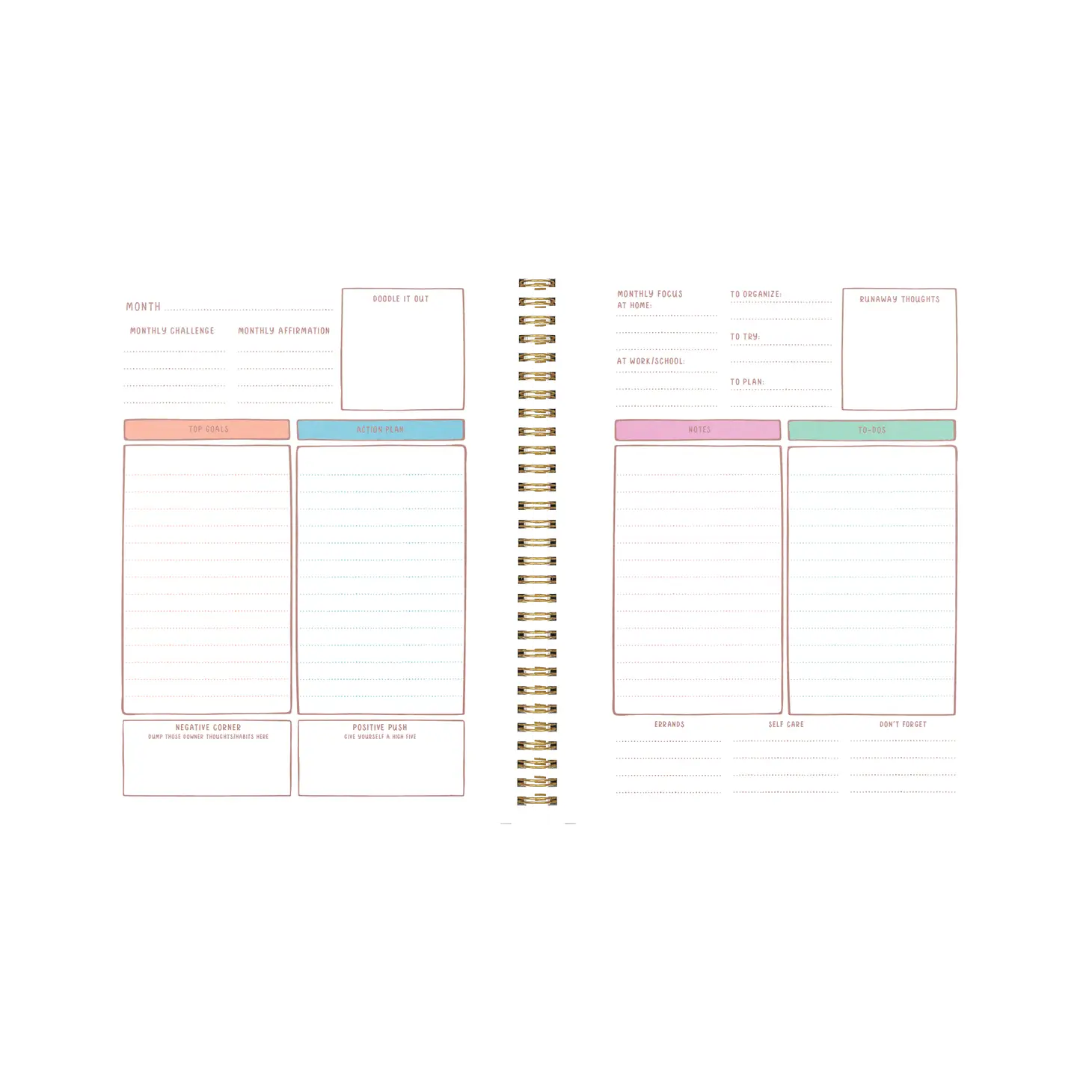 Monthly view of planner. Left side has space for goals. Right side has space for notes and to-do lists