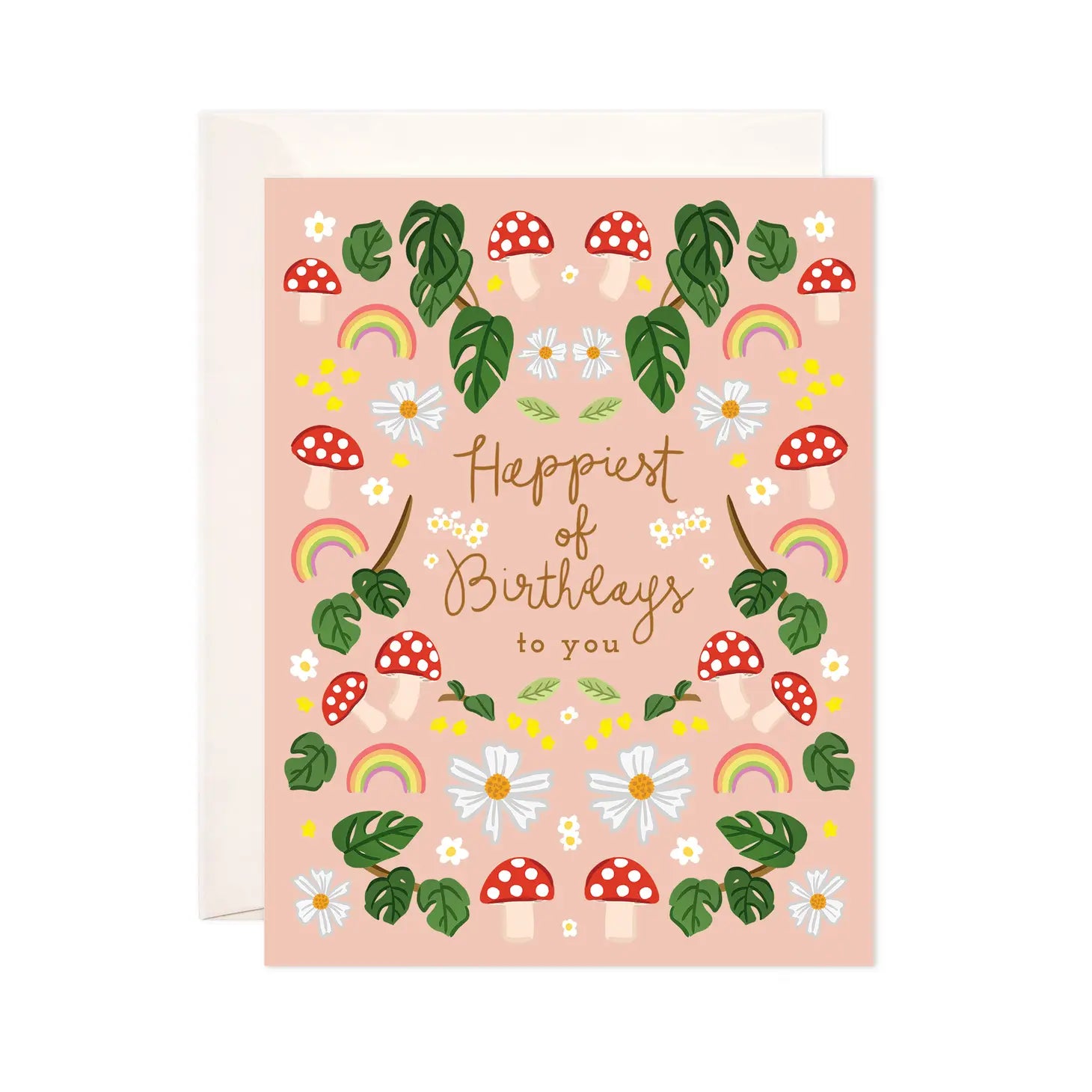 White card with light brown background. Illustrations of leaves, mushrooms, rainbows, and flowers. Brown text reads "happiest of birthdays to you" 