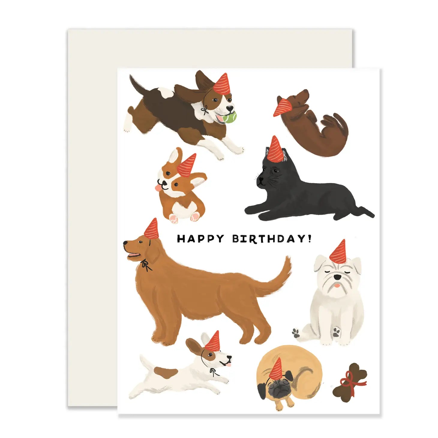 White card with eight illustrations of different dogs in party hats. Black text reads "happy birthday!" 
