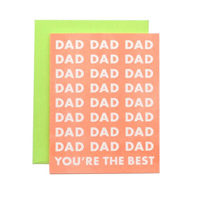 Orange card with white text reading "dad you're the best!" Dad is written 24 times.