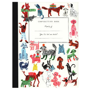 white notebook with colorful illustrations of dogs. black text reads "composition notebook, property of, year this book was started