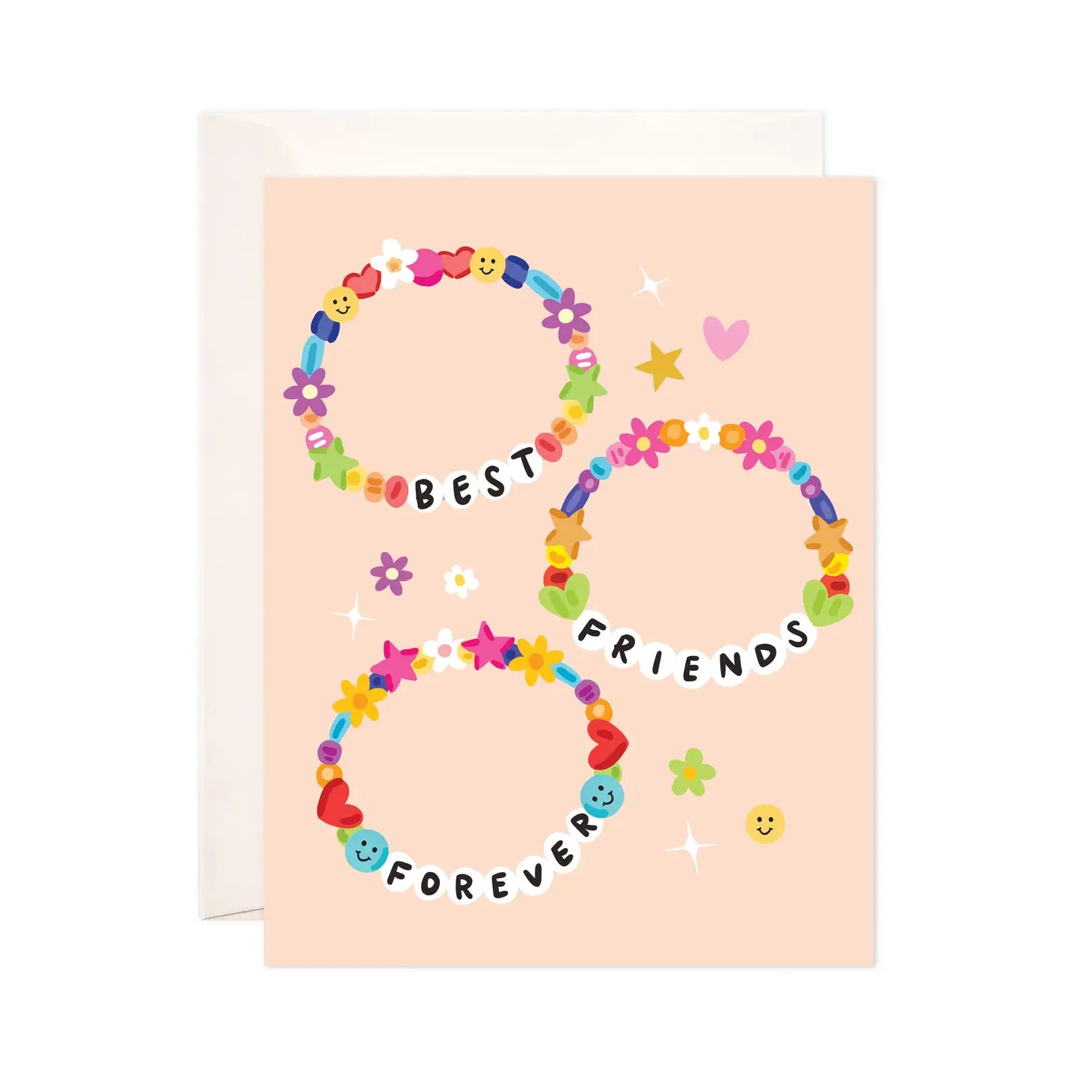 White card with light orange background. Three friendship bracelets with smiley face and flower beads. Each bracelet spells out a different word: best, friends, forever