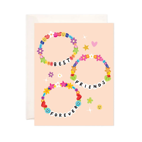 White card with light orange background. Three friendship bracelets with smiley face and flower beads. Each bracelet spells out a different word: best, friends, forever