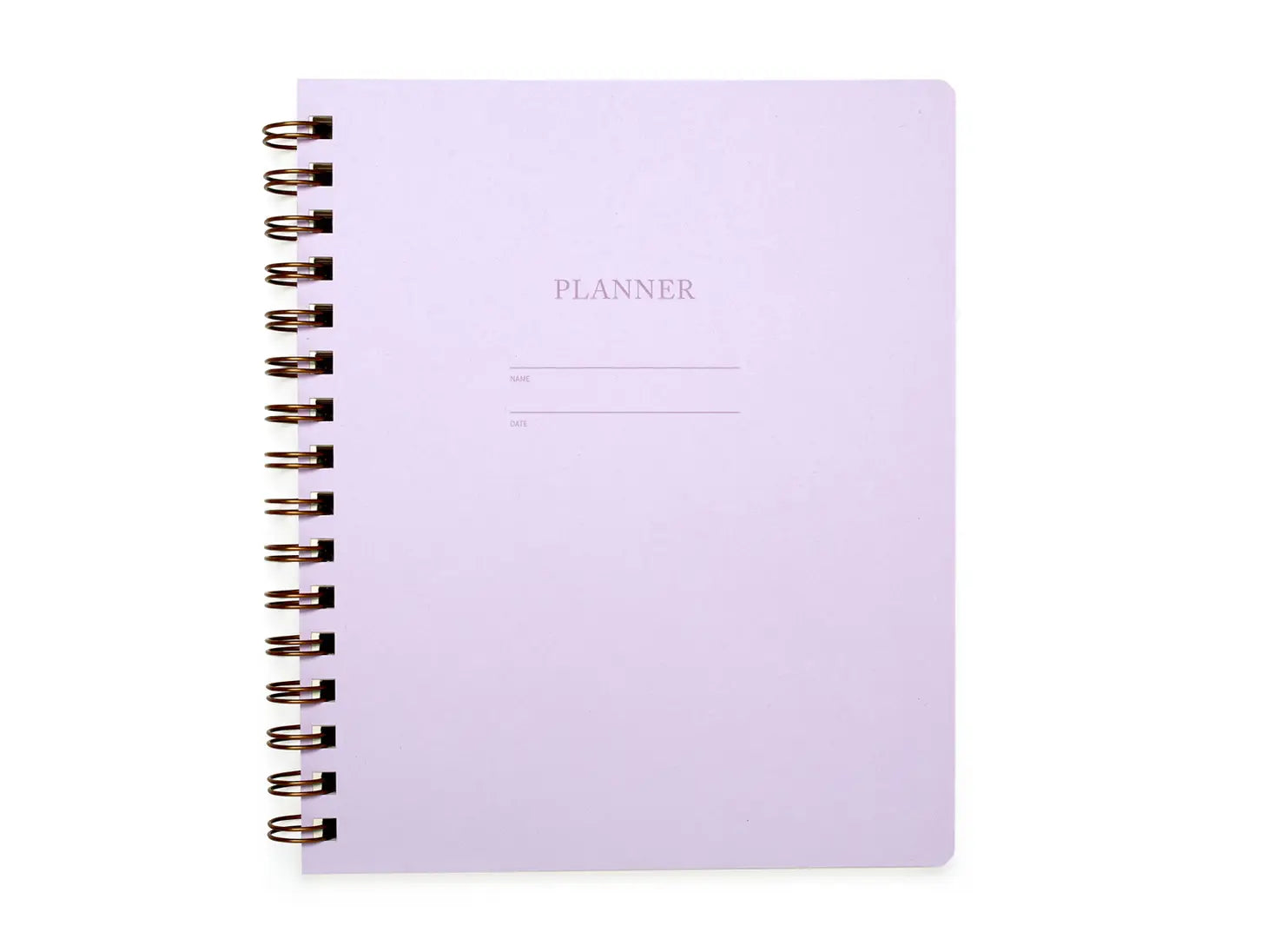 Lilac planner cover. "Planner" is letterpress printed into the cover.