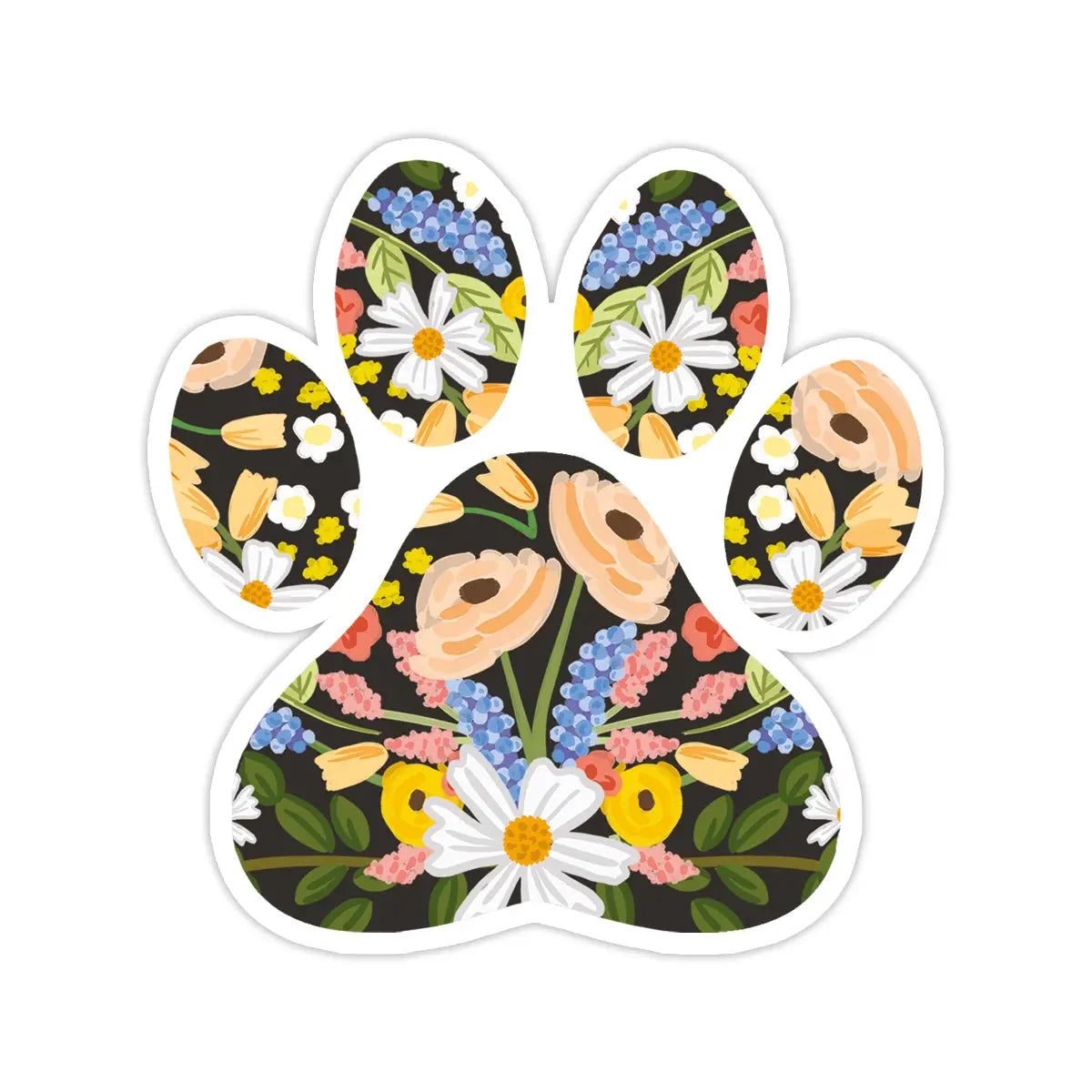 Paw shaped sticker with orange, white, and green floral illustrations