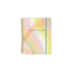 Spiral-bound planner cover featuring purple, pink, yellow, orange, blue wavy lines. Yellow text reads "Making Plans"