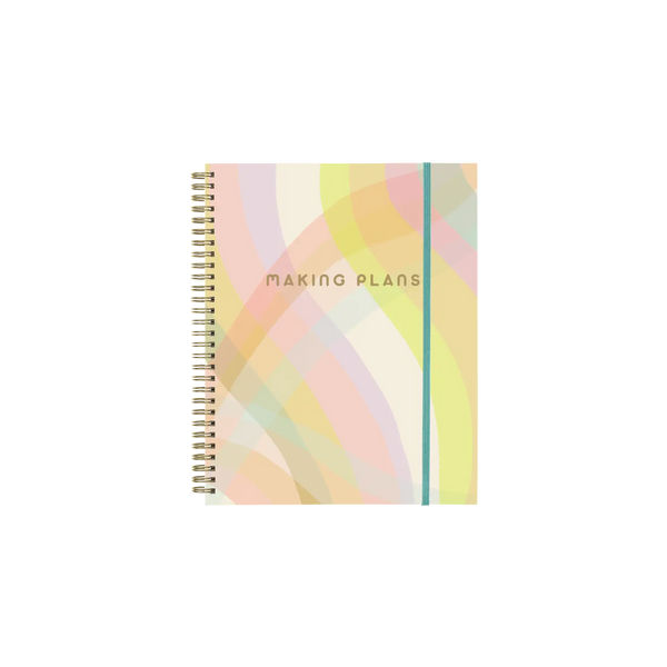 Spiral-bound planner cover featuring purple, pink, yellow, orange, blue wavy lines. Yellow text reads "Making Plans"