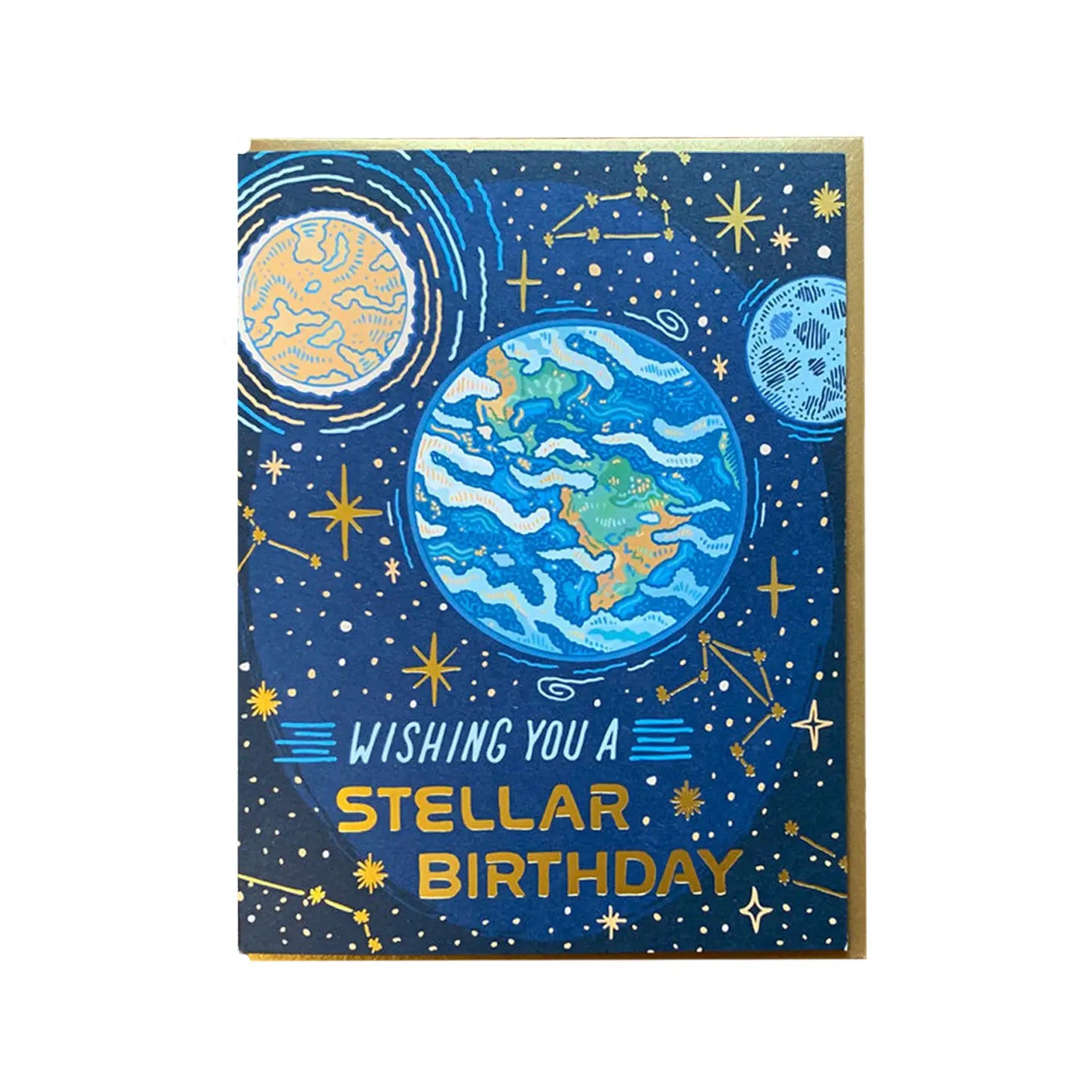 White card with dark blue starry night background. Blue and orange planets. Blue text reads "wishing you a" and gold text reads "stellar birthday"