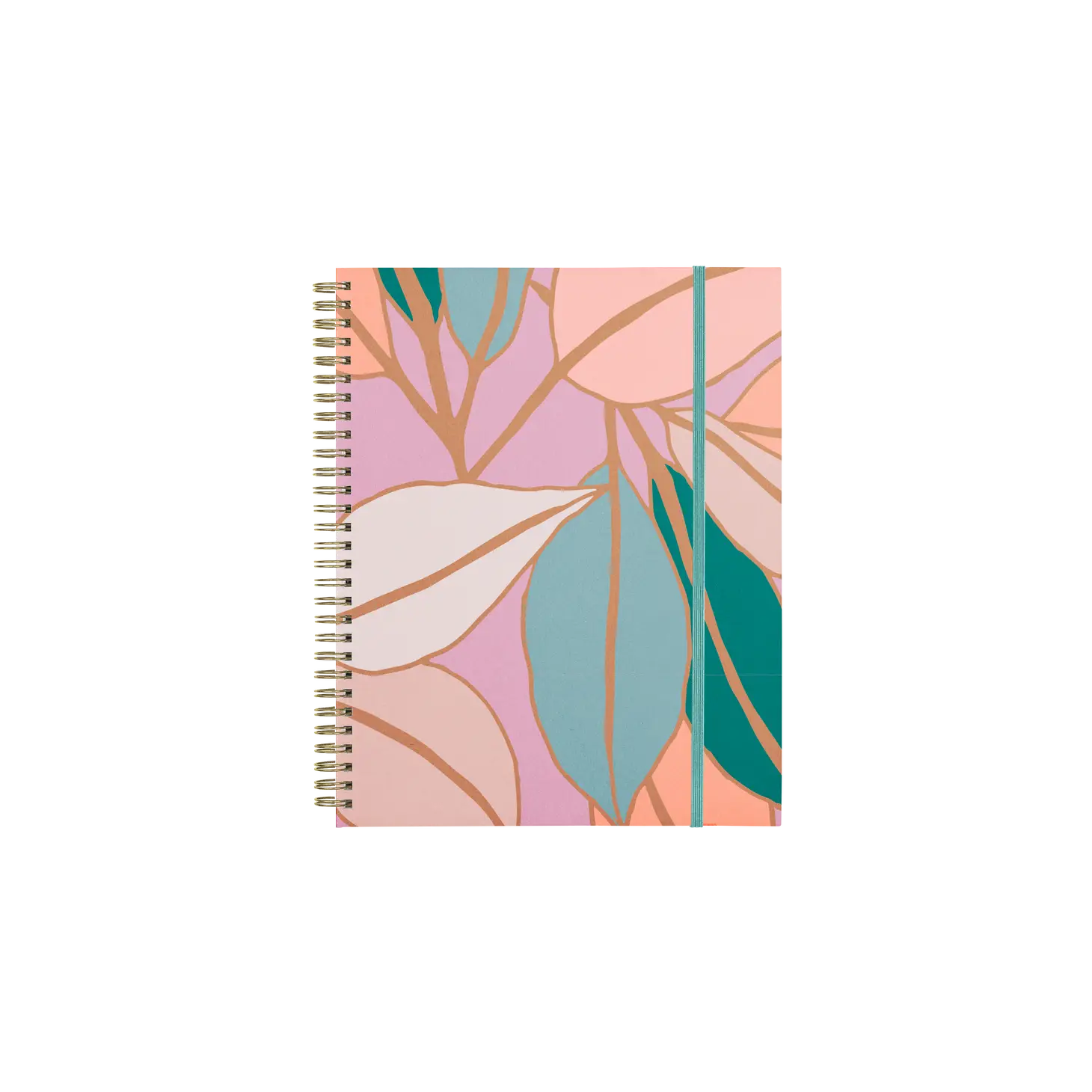 Spiral-bound planner cover featuring pink, orange, blue, and green leaves