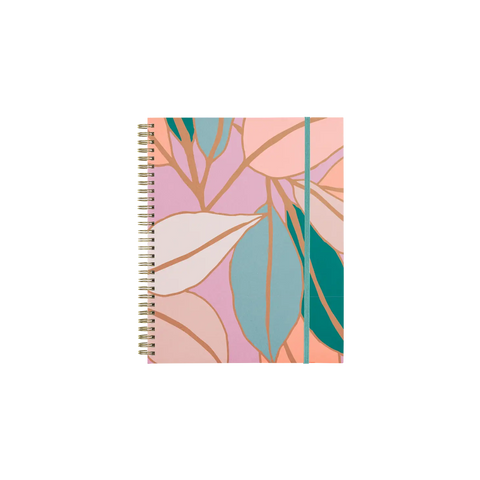 Spiral-bound planner cover featuring pink, orange, blue, and green leaves