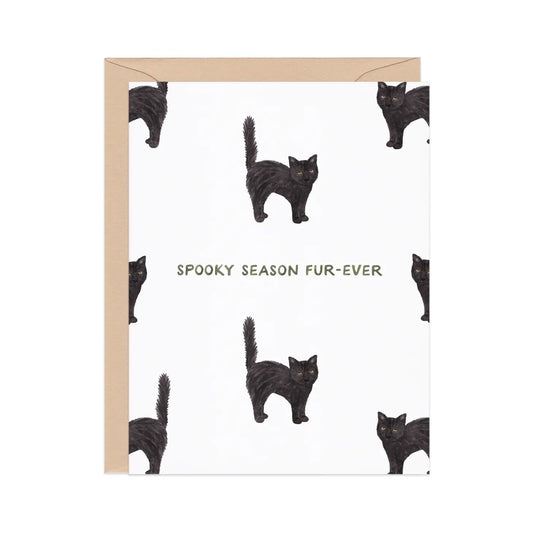 White card with black cat illustrations. Black text reads "spooky season fur-ever" 