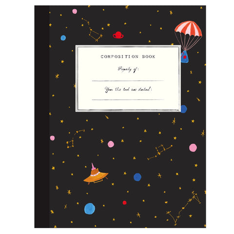 black notebook with colorful illustrations of stars and planets. black text reads "composition notebook, property of, year this book was started