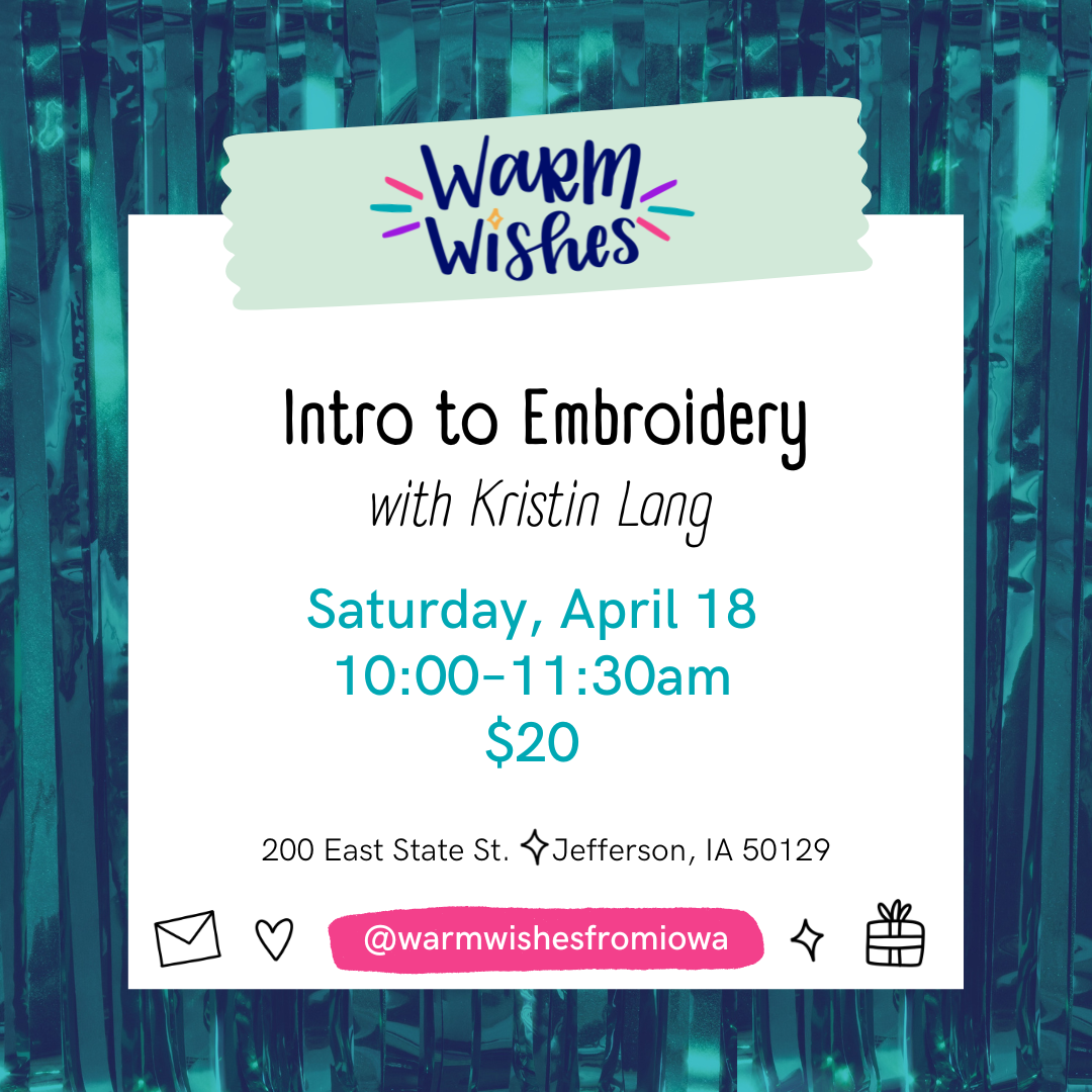Advertisement for 'Intro to Embroidery' class with event details on a decorative background.