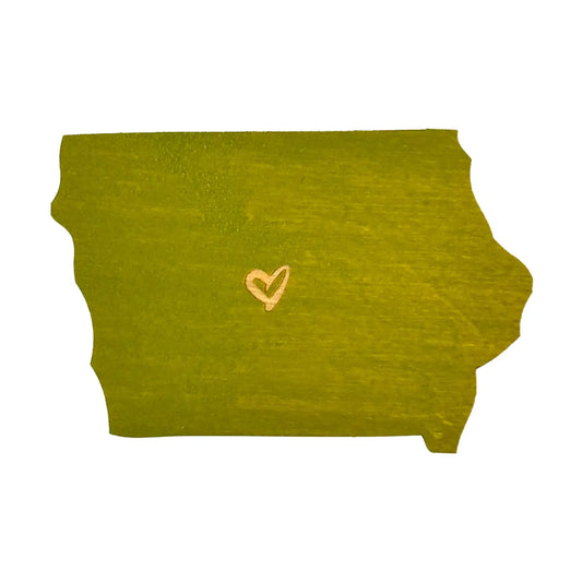 Olive green magnet in the shape of Iowa 