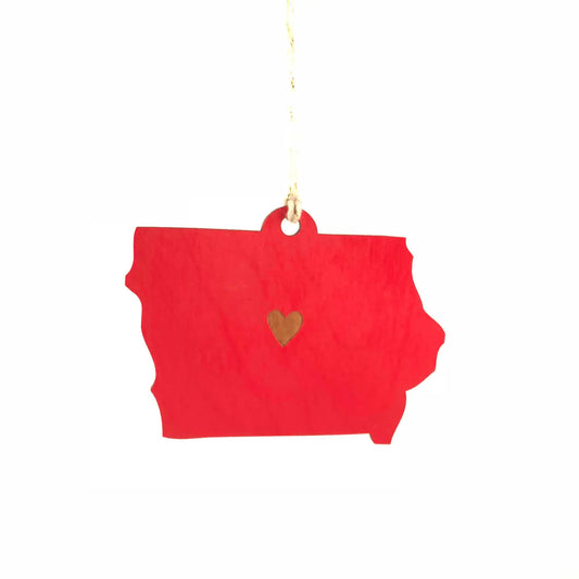 Red ornament in the shape of Iowa. Gold heart on the state. White string. 