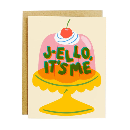White greeting card with an illustration of a molded salad. Green text: jello it’s me