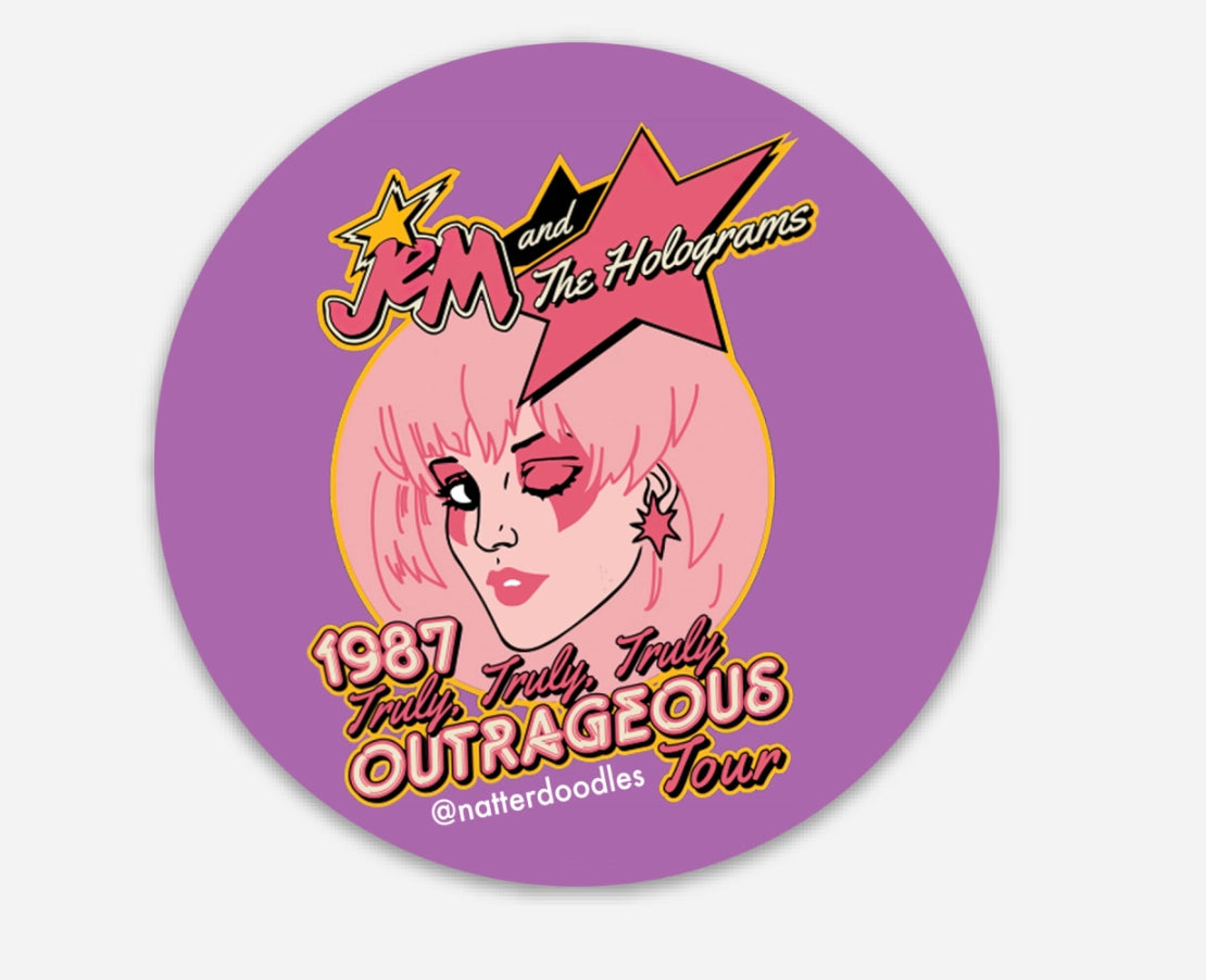 Round sticker with purple background. Illustration of 80s cartoon character Jem. Text reads "Jem and the Holograms 1987 Truly Truly Truly Outrageous Tour" 