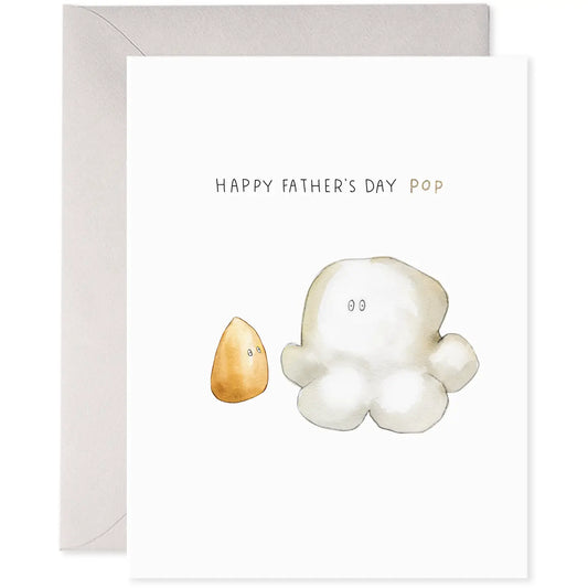 White greeting card with an illustration of a corn kernel and popcorn. Black text: happy Father’s Day pop