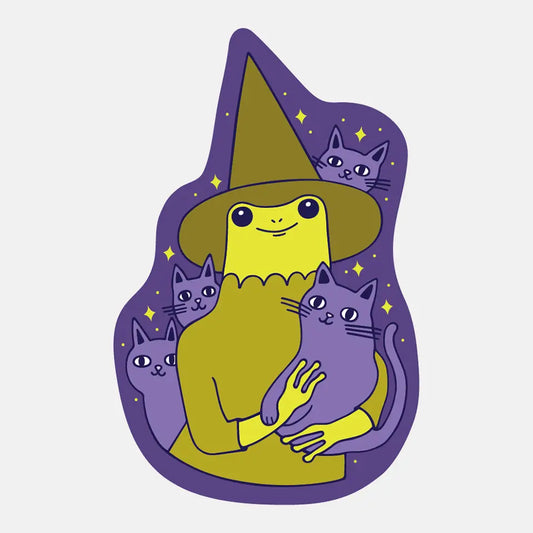 Die-cut sticker of a witch with four cats around it
