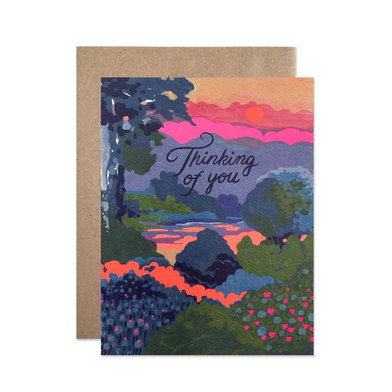 Greeting card with colorful nature-themed design and 'Thinking of you' text