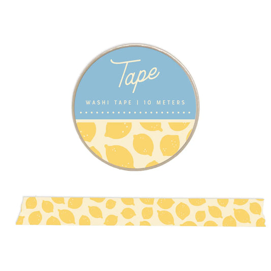 Washi tape with yellow lemon pattern and blue label on a white background