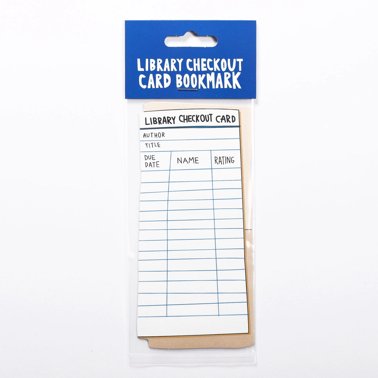 Library checkout card bookmark with blue packaging 