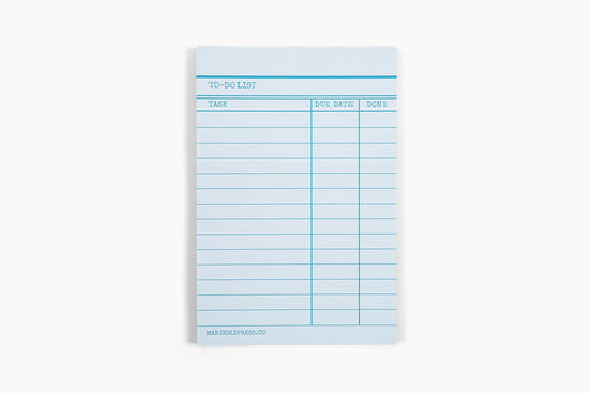 Blue to-do list pad with blue lines on a white background. Library card design 