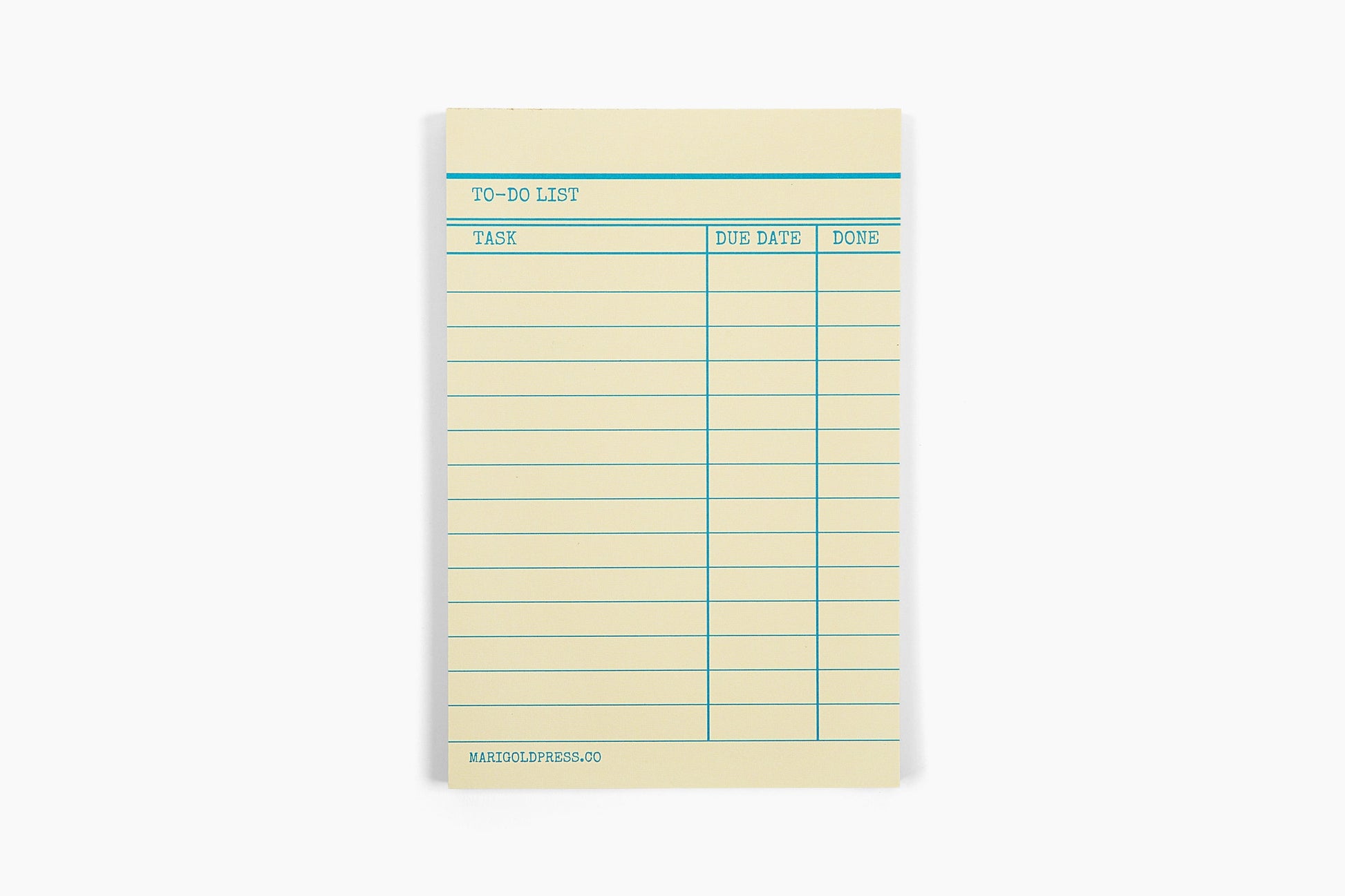 Yellow to-do list pad with blue lines on a white background. Library card design.