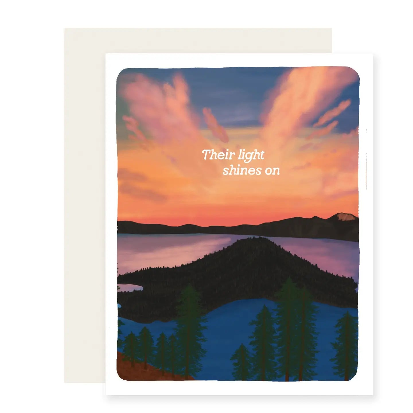 Greeting card with a sunset over a lake and mountains, featuring the text 'Their light shines on'.