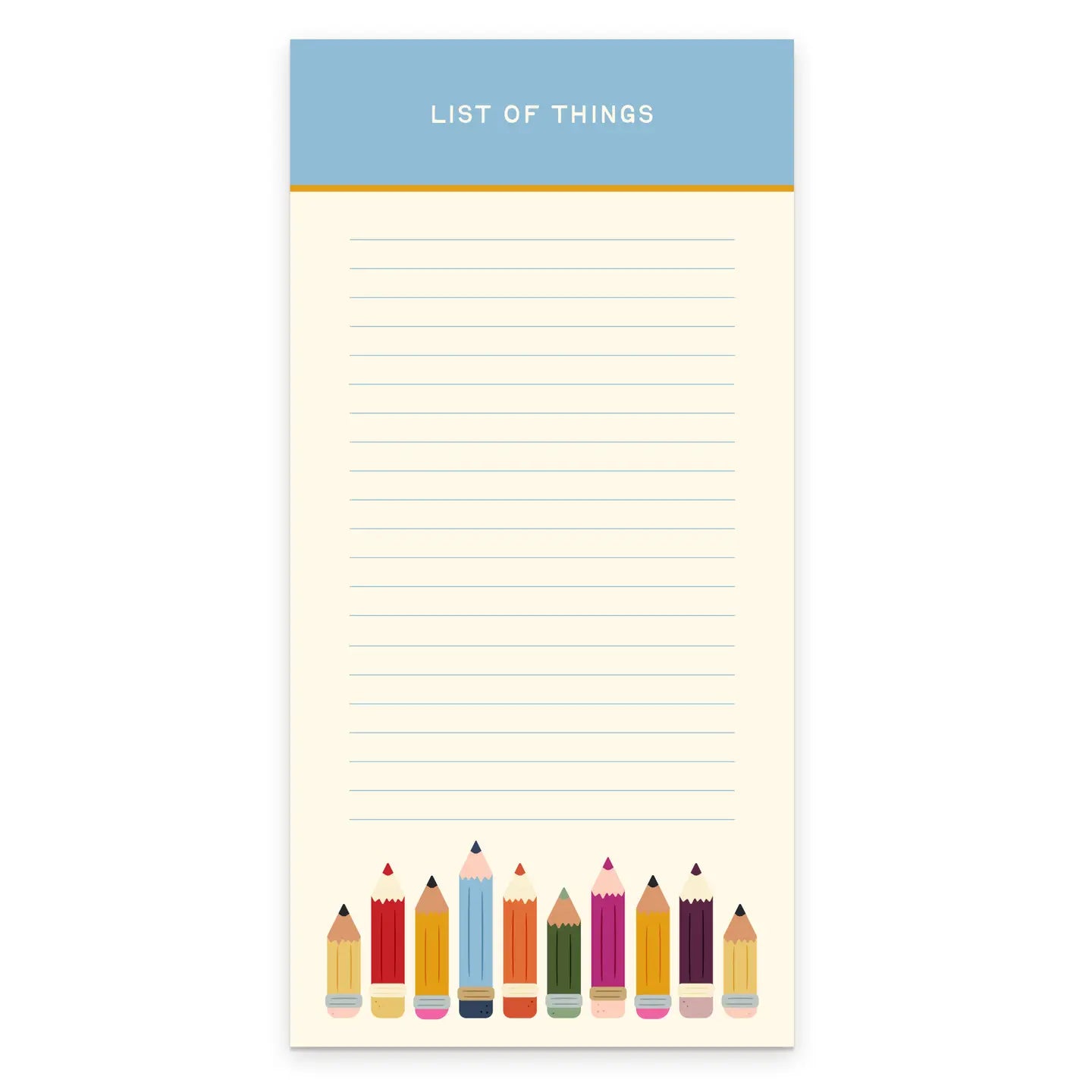 Notepad with colorful pencils design and 'List of Things' text on a white background