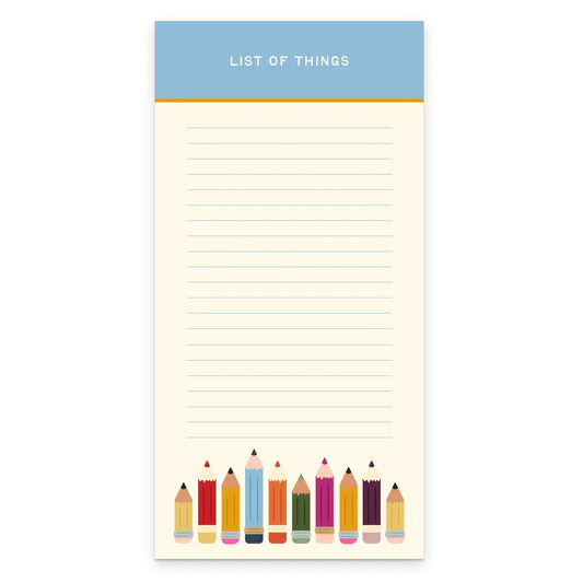 Notepad with colorful pencils design and 'List of Things' text on a white background