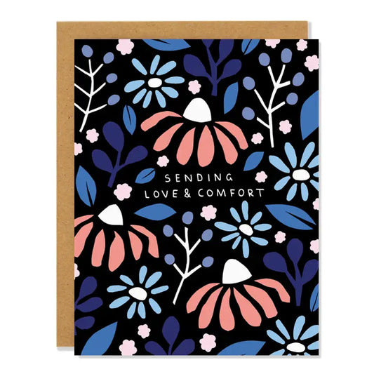 Greeting card with floral design and 'Sending Love & Comfort' text on a black background