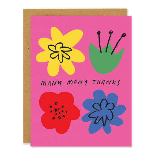 Greeting card with colorful flowers and 'Many Many Thanks' black text on a pink background