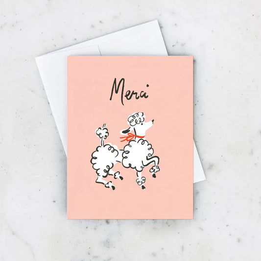 Greeting card with a poodle illustration and 'merci' text on a pink background