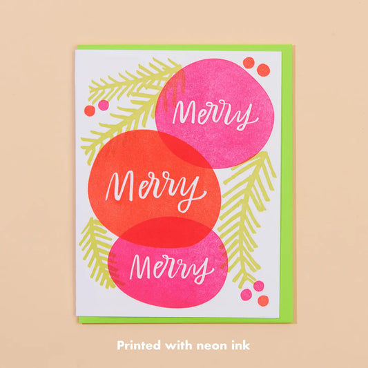 White greeting card with red, pink, and green design. White text: merry merry merry