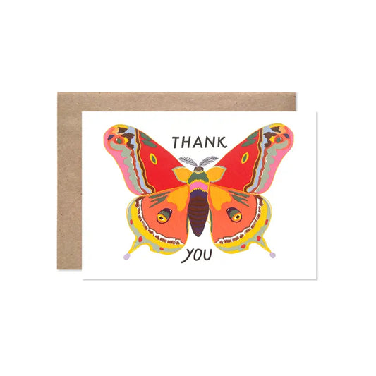White greeting card with a colorful moth illustration and 'Thank you' text