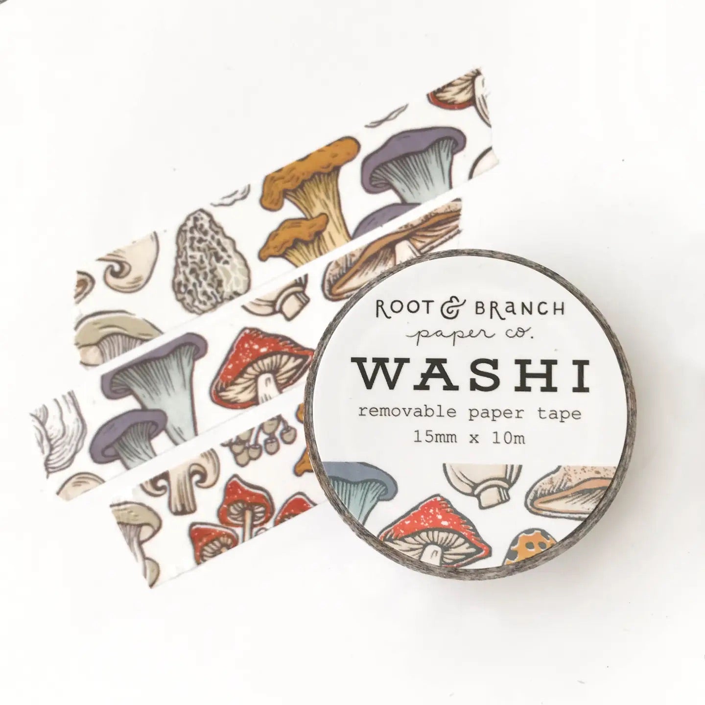 Front cover of Washi tape roll. Three pieces of tape with mushroom and fungi pattern. 